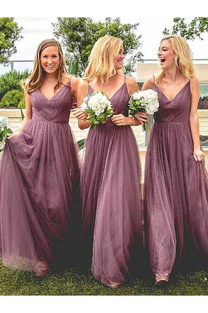 Spaghetti Straps V Neck Floor Length Bridesmaid Dress with Pleats, A Line Bridesmaid Dress UQ2384