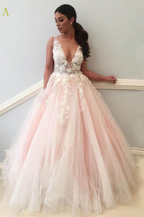 Deep V Neck Sleeveless Tulle Prom Dresses, A Line Appliqued Long Party Gown UQP0098