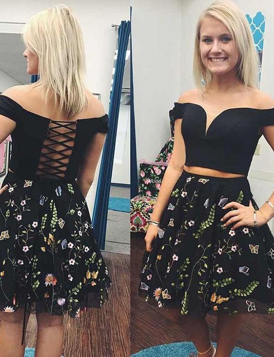 Black Two Piece Off Shoulder Homecoming Dresses with Flowers, Knee Length Black Dress UQ1820