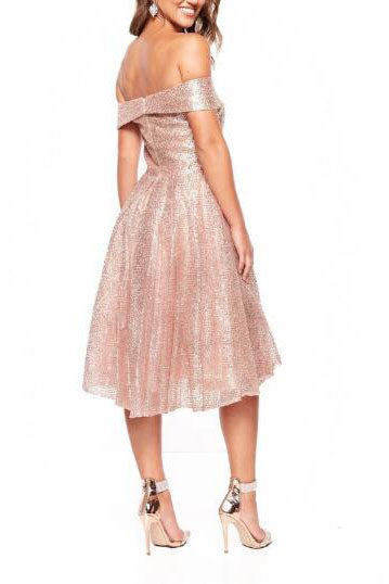 Elegant Off the Shoulder Pink Sequins Tea Length Prom Dresses, Homecoming Dress UQH0026