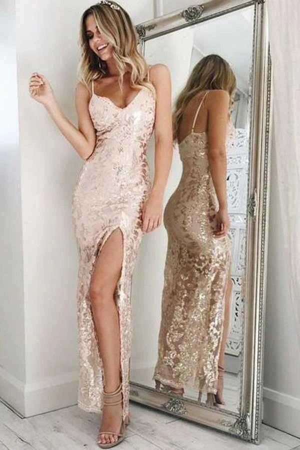 Spaghetti Straps Side Slit Long Prom Dresses, Sheath Split Formal Dresses UQ2614