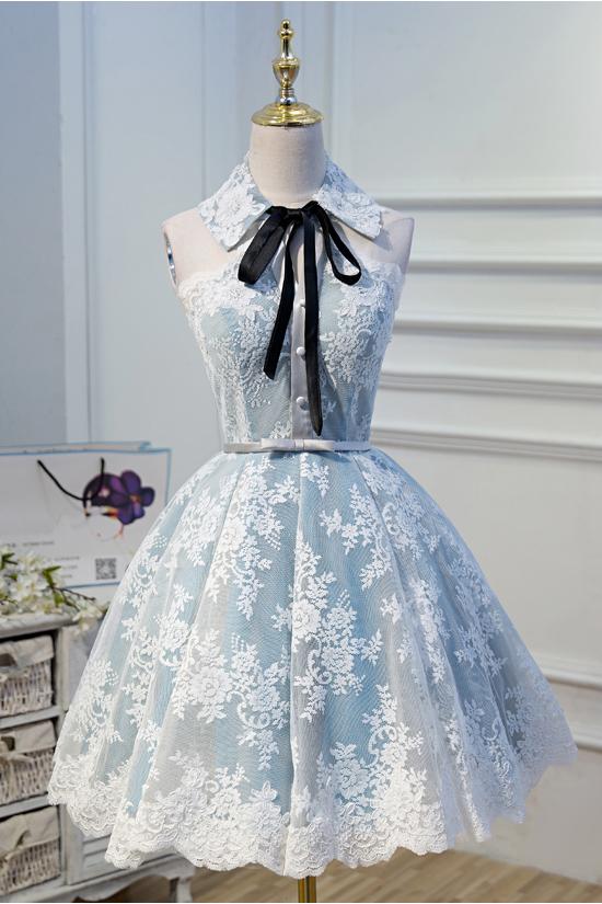 Light Sky Blue Halter Homecoming Dress with Lace Appliques, Cute Short Formal Dress N1971