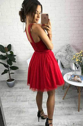 Cute Red Tulle Short Homecoming Dress with Beading, A Line Sweetheart Short Prom Dress UQ1754