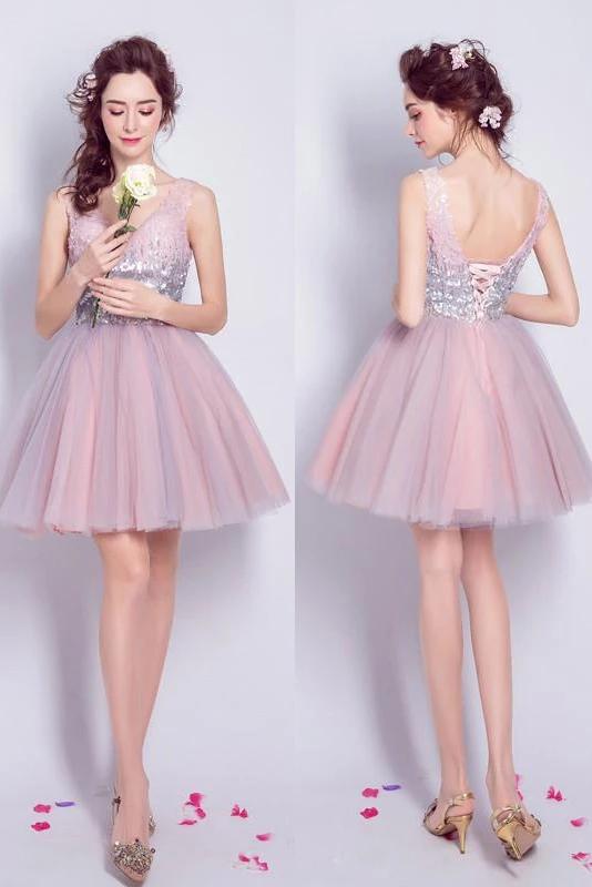 Sequines V-neck Tulle Homecoming Dress Shining Short Prom Dress, Mini Dress UQ2141