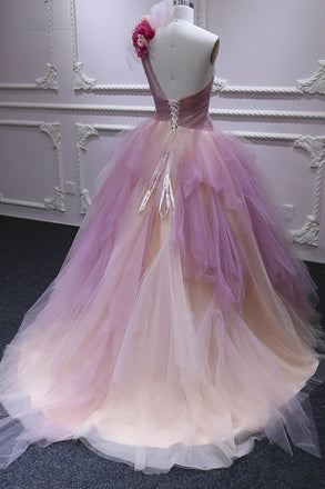 Puffy One Shoulder Sleeveless Tulle Prom Dress with Flowers, Ruffles Quinceanera Dress UQP0023