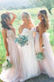 Spaghetti Straps V Neck Long Bridesmaid Dress with Flowers, Tulle Prom Dress UQB0025