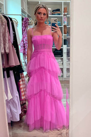 Hot Pink New Style Spaghetti Straps Floor Length Prom Dress with Ruffles UQP0089