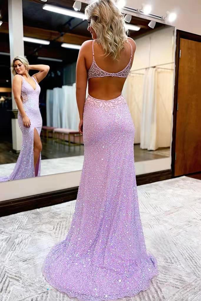 New Style V Neck Sleeveless Long Prom Dress, Sparkly Sequined Evening Dress with Slit UQP0155