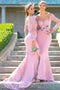 Pink Mermaid Applique Off-the-Shoulder Long Sleeves Floor-Length Bridesmaid Dresses UQ2481