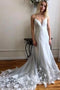 Spaghetti Strap V Neck Tulle Wedding Dress with Lace Appliques, Long Prom Dresses UQ2441