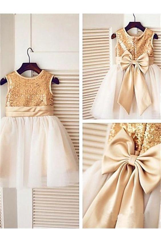 Golden Sequin Cute Tulle Flower Girl Dresses with Bow-knot on the Back UF067
