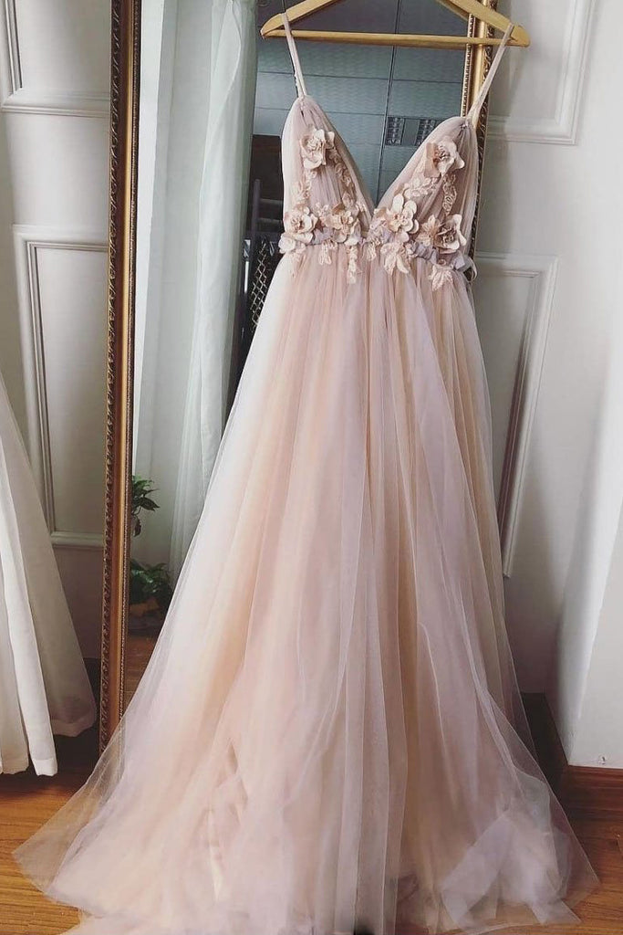 Spaghetti Straps V Neck Long Bridesmaid Dress with Flowers, Tulle Prom Dress UQB0025