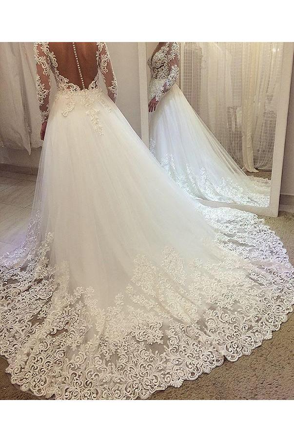 Elegant Beading Lace Long Sleeve Sheer Neck Ball Gown Wedding Dresses UQ1796