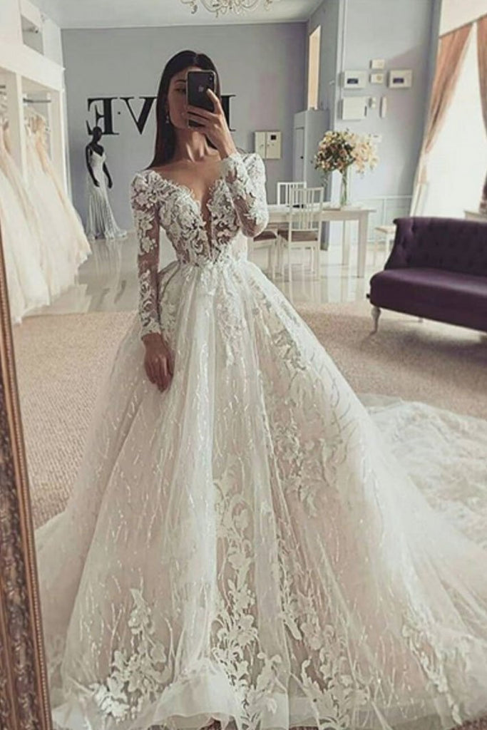 Puffy V Neck Long Sleeves Wedding Dress With Appliques, Stunning Wedding Gown with Train N2423