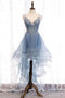 Blue High Low Spaghetti Straps Tulle Homecoming Dresses with Appliques, Party Dress UQ2143