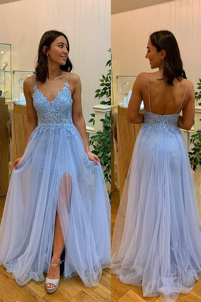 A-line Spaghetti Straps Sexy V Neck Light Blue Split Applique Long Prom Dress UQP0020