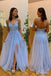 A-line Spaghetti Straps Sexy V Neck Light Blue Split Applique Long Prom Dress UQP0020