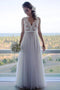 A Line Floor Length V Neck Sleeveless Tulle Beach Wedding Dress with Lace UQ2401