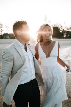 A Line Deep V Neck Sleeveless Tiered Floor Length Long Wedding Gown, Bridal Dress UQW0070