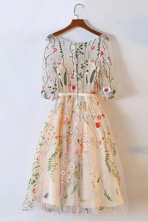 A Line 1/2 Sleeves Floral Homecoming Dress, Knee-Length Prom Gown UQH0124