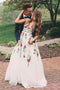 A Line V Neck Ivory Lace Prom Dresses with Flowers, Long Party Dresses with Appliques UQP0001