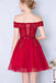 Burgundy Lace Tulle Short Prom Dress, Burgundy Off the Shoulder Lace Homecoming Dress UQ2195