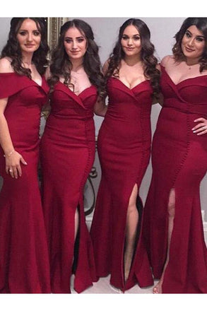 Burgundy Off Shoulder Mermaid Floor Length Bridesmaid Dresses, Split Long Bridesmaid Dress UQ2383
