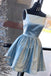 Shiny Blue Satin Beading Square Neck Sleeveless Homecoming Dress, Knee Length Prom Dress UQ1825