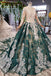 Green Long Sleeves Ball Gown Lace Prom Dress with Appliques, Long Prom Gown N2198