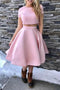 A-Line Short Sleeves Tea-Length Homecoming Dress, Two Piece Satin Prom Dresses UQ1951