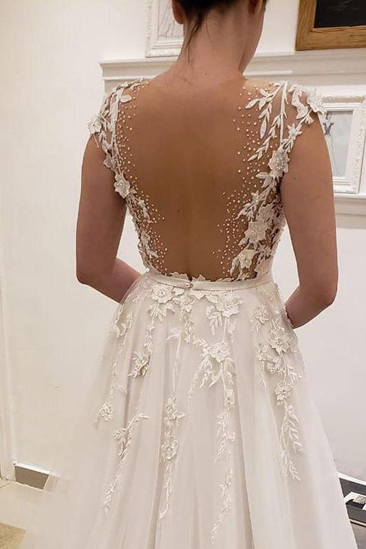 Simple Tulle Lace Illusion Back A-Line Wedding Dresses, A Line V Neck Bridal Dress UQ1792