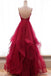 Red Spaghetti Straps V Neck Asymmetrical Prom Dress, Backless Sparkly Long Formal Dress UQ2613