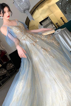 Unique V Neck Long Tulle Party Dress with Lace, Sleeveless Long Prom Gown UQ2103