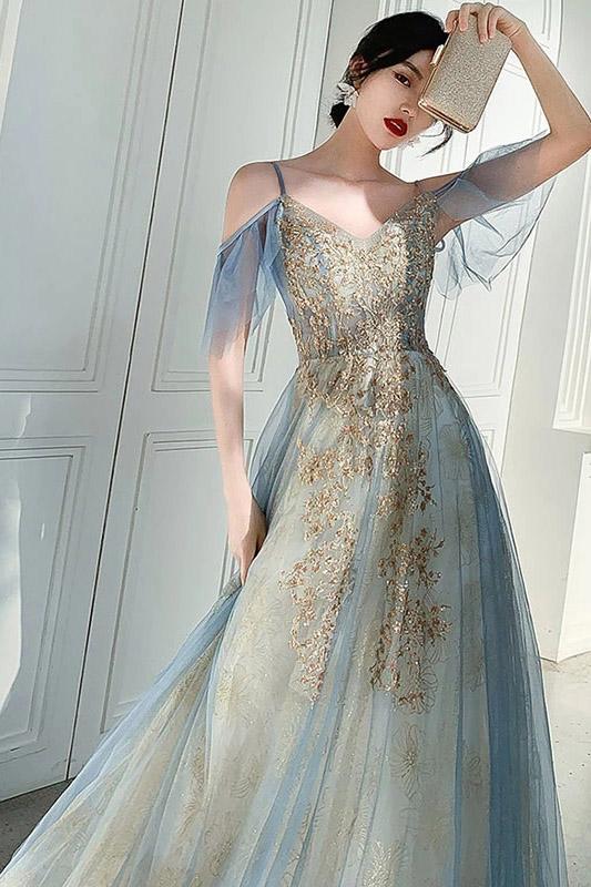 Unique V Neck Long Tulle Party Dress with Lace, Sleeveless Long Prom Gown UQ2103
