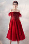 Burgundy Off the Shoulder Knee Length Homecoming Dress with Beading, A Line Dress UQ2188