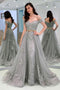 A-Line Appliques Off-the-Shoulder Gray Evening Dress With Sashes, Long Tulle Prom Dress UQ1833