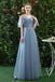 V Neck Tulle Long Prom Dress with Short Sleeves, A Line Bridesmaid Dresses UQ2321