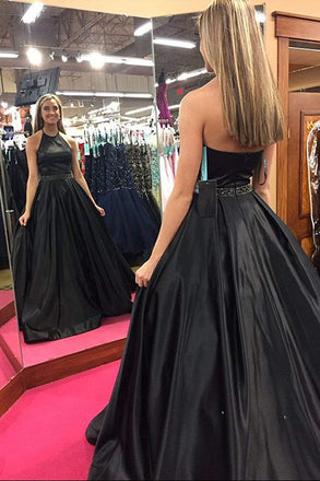 Black Halter Satin Prom Dress with Beading, Long Evening Dress with Pockets UQ2070