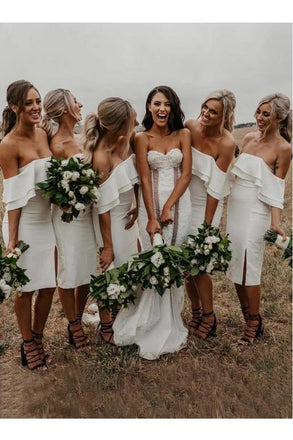 Sheath Knee Length Off the Shoulder Mermaid Bridesmaid Dress with Ruffles UQ2514