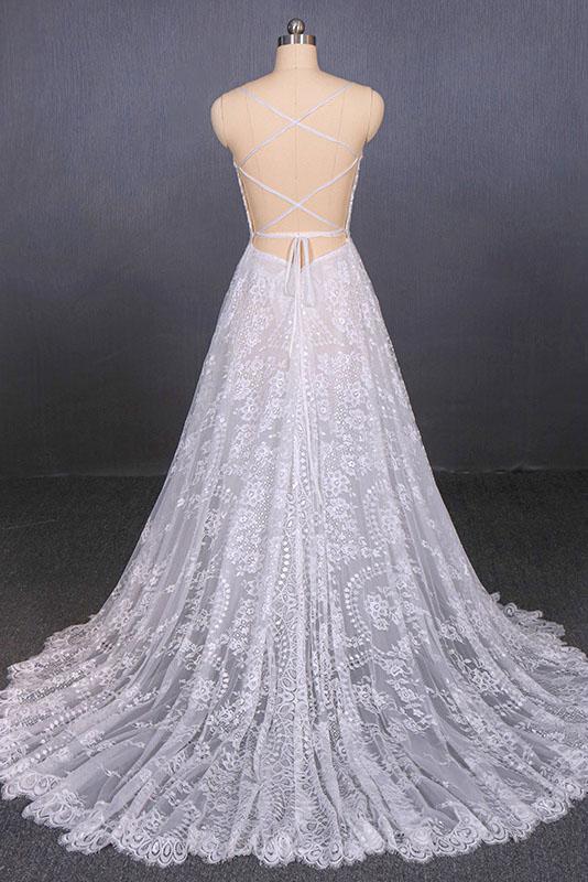 Spaghetti Straps Sweetheart Lace Wedding Dresses, Lace Bridal Dresses with Long Train UQ2284