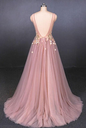 Pink V Neck Sleeveless Tulle Prom Dress with Appliques, A Line Tulle Evening Dress UQ2338