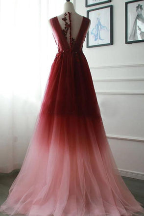 A Line V Neck Tulle Ombre Prom Dress, Appliqued Party Dresses UQ2447