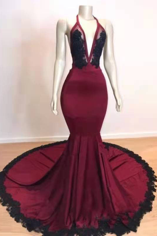 Burgundy Halter Deep V Neck Mermaid Prom Dress with Lace, Long Evening Gown UQP0147