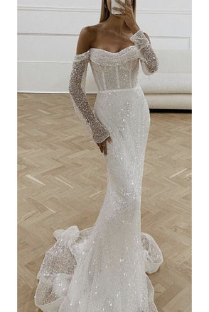 White Mermaid Sparkly Long Sleeves Off the Shoulder Evening Dress, Prom Gown UQP0110