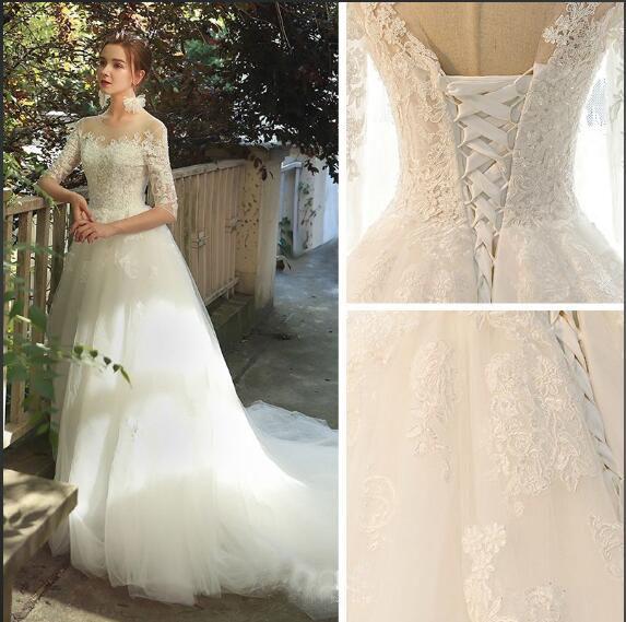 Romantic 3/4 Sleeves Illusion Neckline Lace Appliqued Wedding Dresses UQ2555