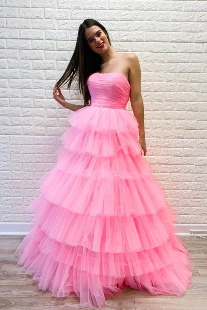 Pink Strapless Layers Prom Dress with Lace Up Back, A Line Floor Length Evening Dress UQ2602