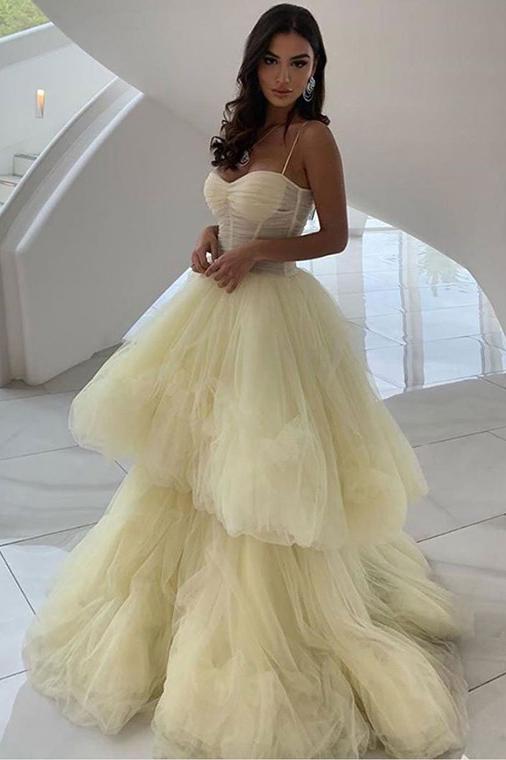 Daffodil Princess A Line Spaghetti Straps Layers Tulle Prom Dresses, Unique Formal Dress N2475