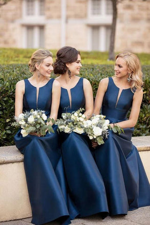 Modest A-line Satin Sleeveless Floor Length Simple Bridesmaid Dresses Prom Gowns UQ2512