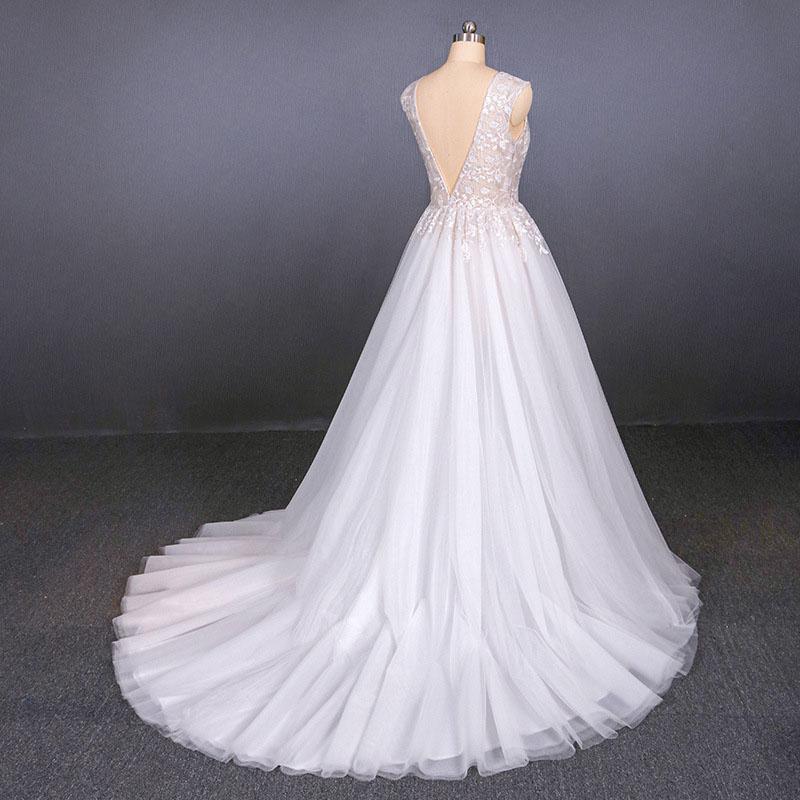V Neck Tulle Wedding Dress with Lace Appliques, A Line Backless Bridal Dress UQ2287
