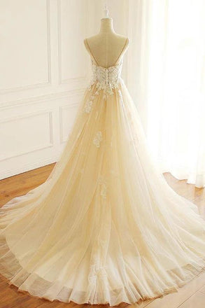 Spaghetti Straps A-line Long Custom Wedding Bridal Dresses, Lace Applique Bridal Dress UQ2426